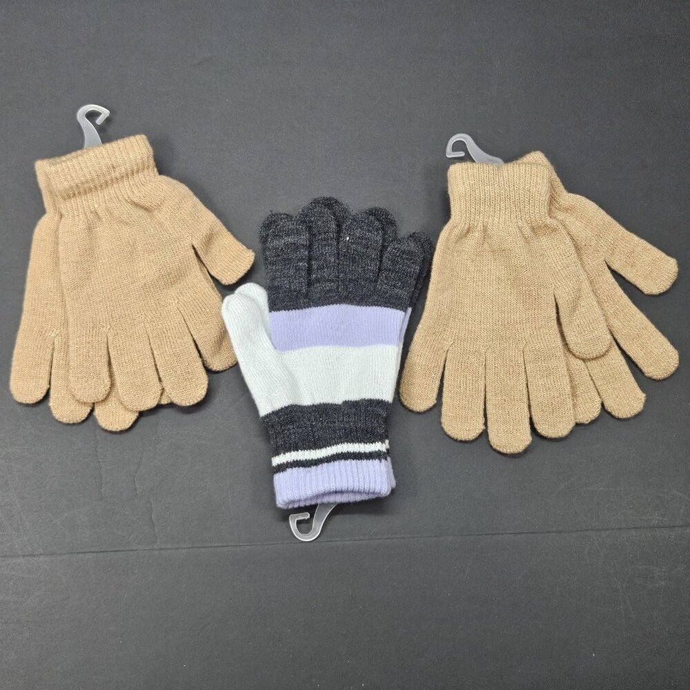 Youth Gloves Bundle Of 3 One Size Girls 2 Golden Tan Sparkling 1 Striped Multi - Picture 3 of 9